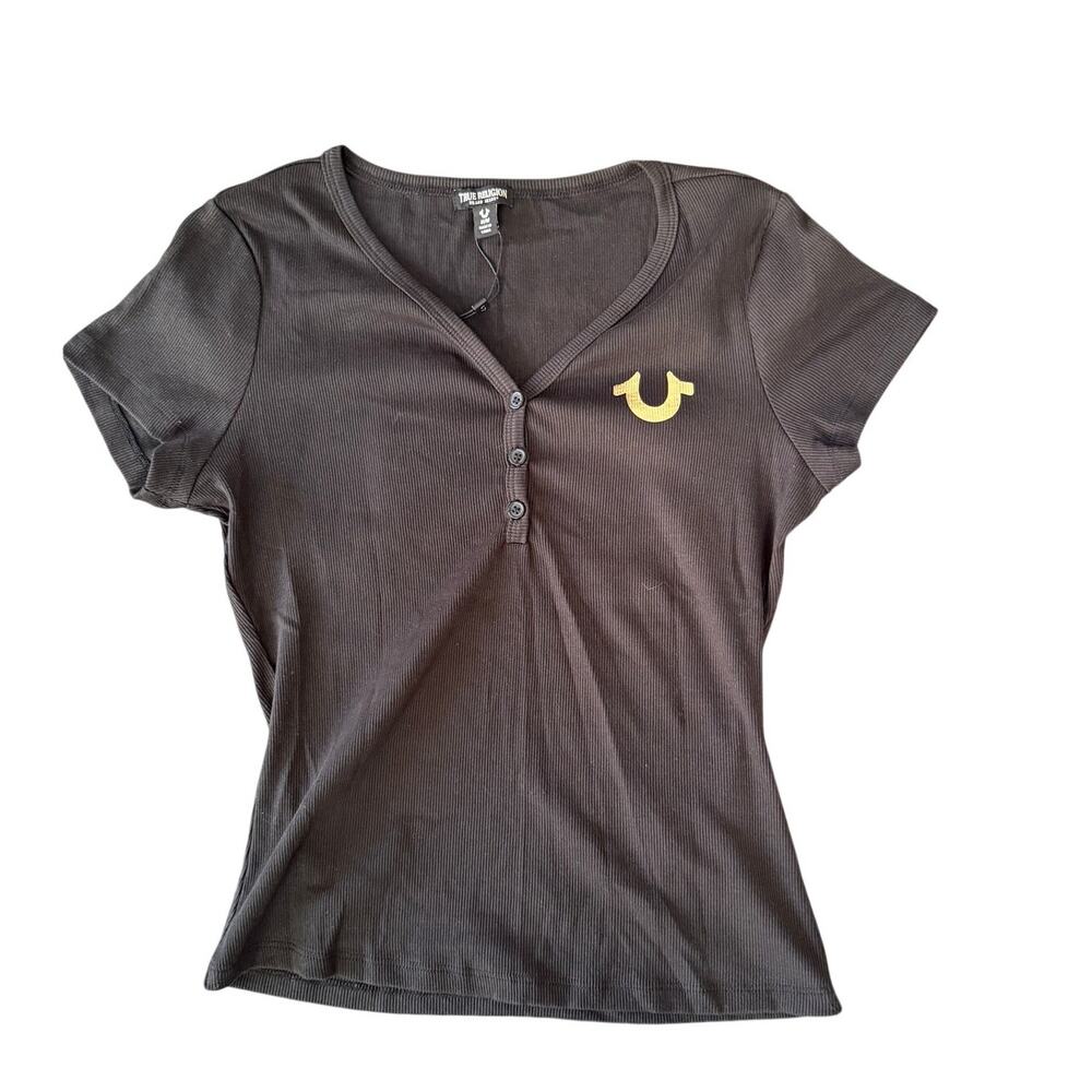 True Religion Women's V-Neck Black Henley Lifestyle T-Shirt. Size M
